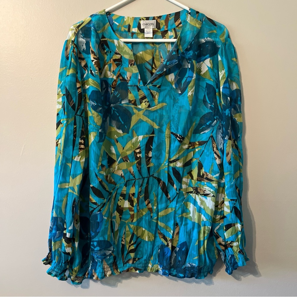 Chico’s Women’s 100% Silk Semi Sheer Long Sleeve Blouse Size 3 Blue Green Floral